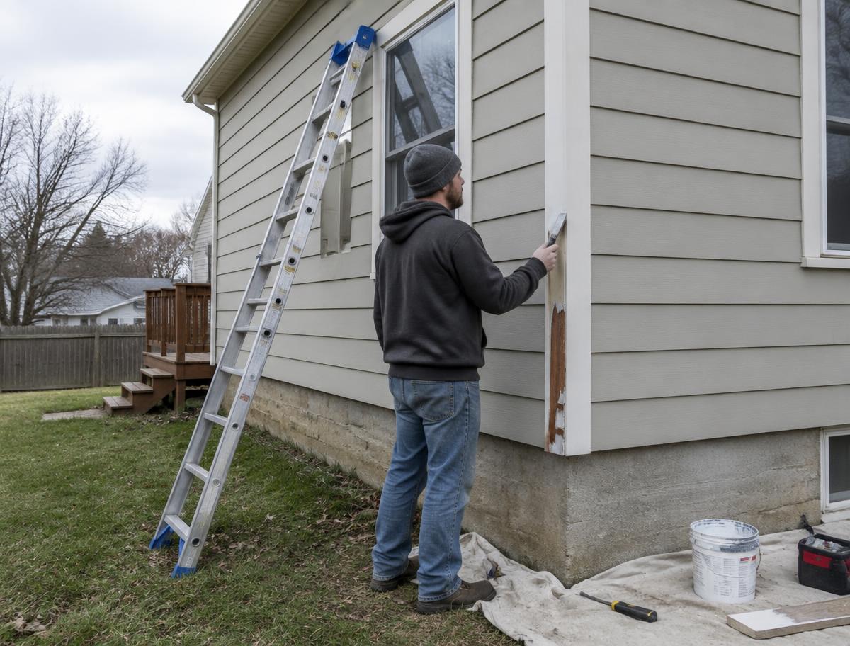 Rotted exterior corner trim being repaired and prepped for paint