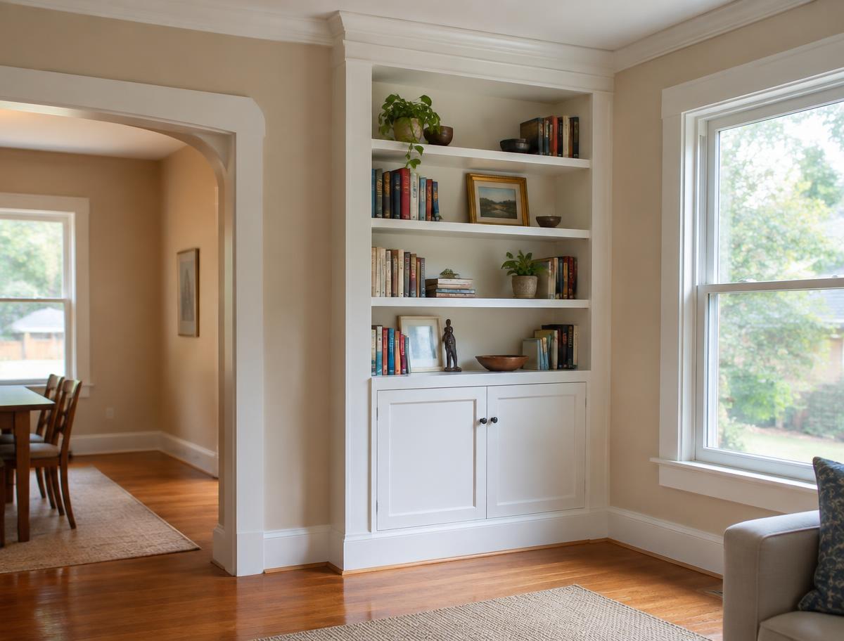 Built-in bookcase with painted trim in a home's living room