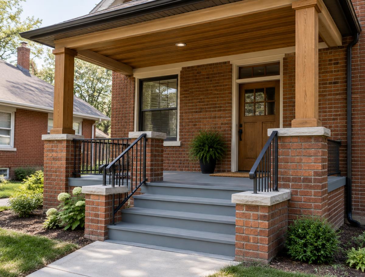 Rebuilt front porch with wood columns and a wood ceiling