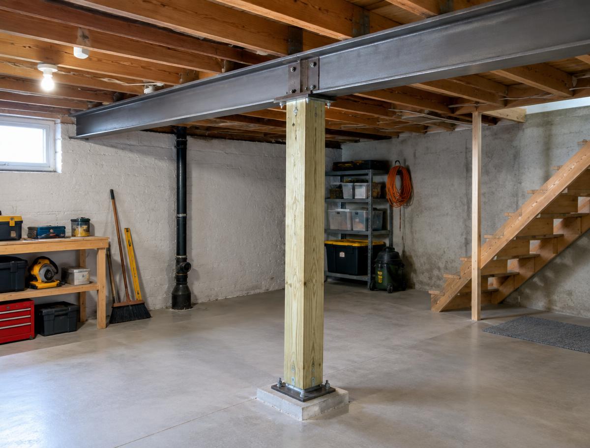 Steel beam and treated support post in a residential basement