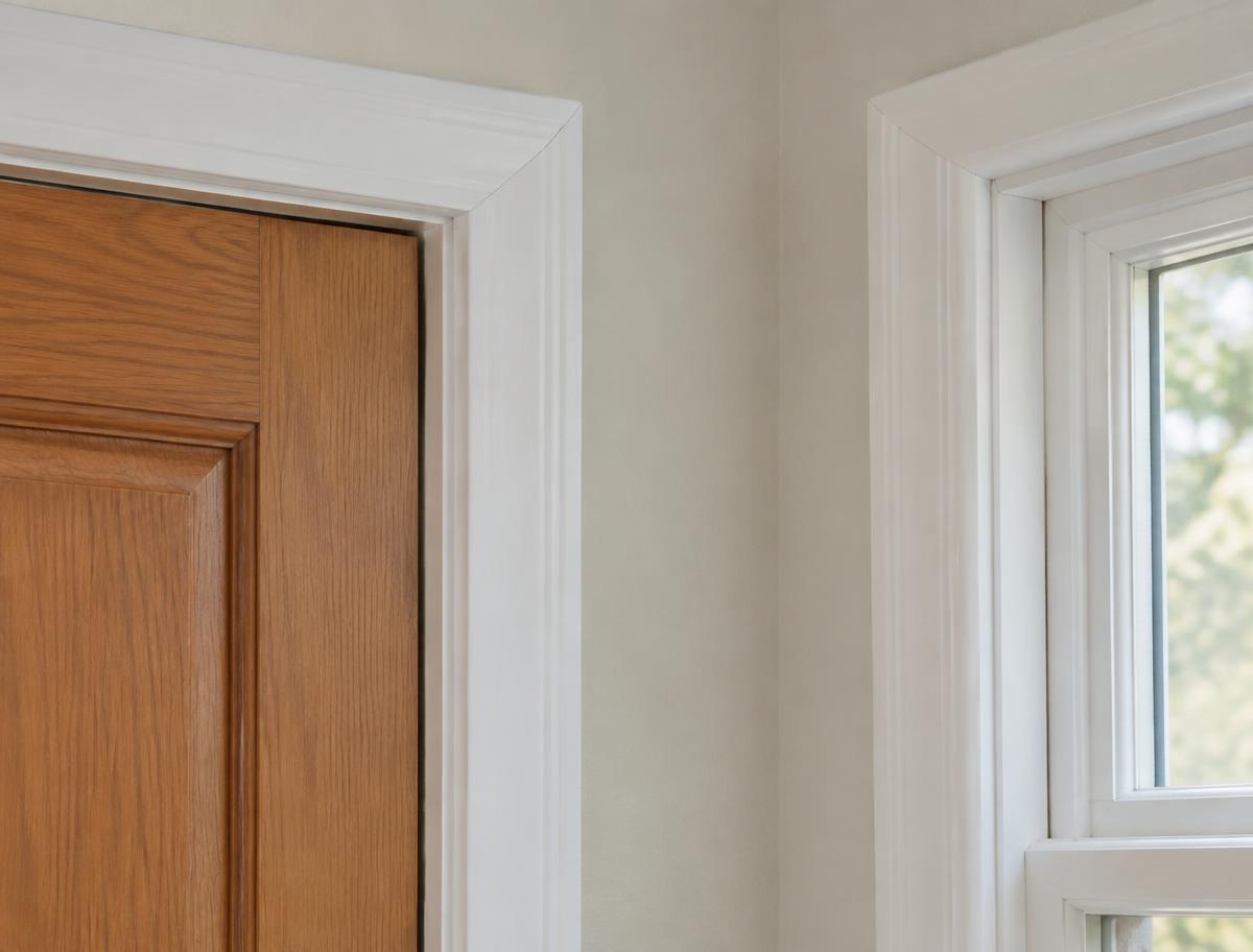 Close view of mitered door casing and painted window trim in a home