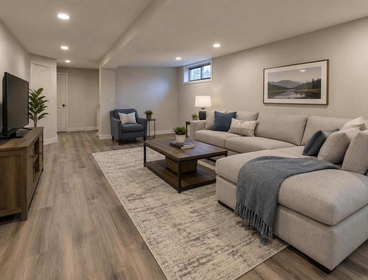 Finished residential basement family room with trim and recessed lighting
