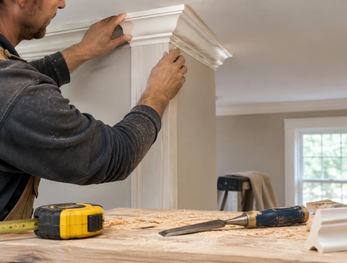 Carpenter fitting interior crown molding in a residential room