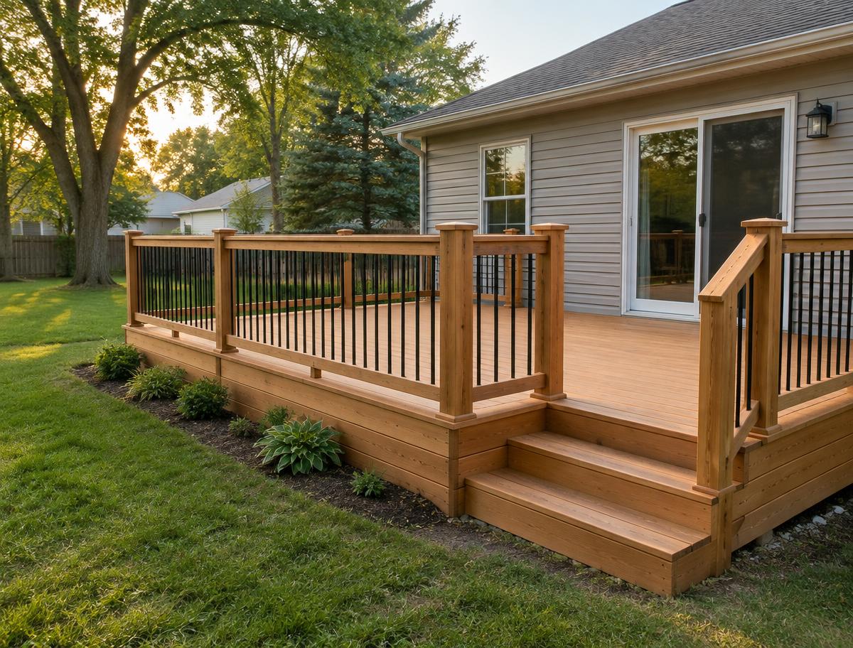 Newly built cedar deck with railing attached to a home