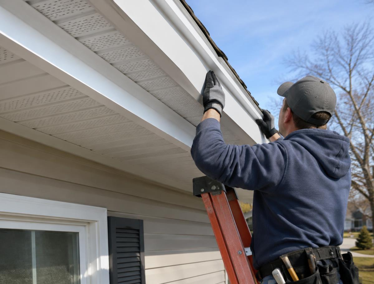 Worker installing new fascia and soffit along a home's roof eave
