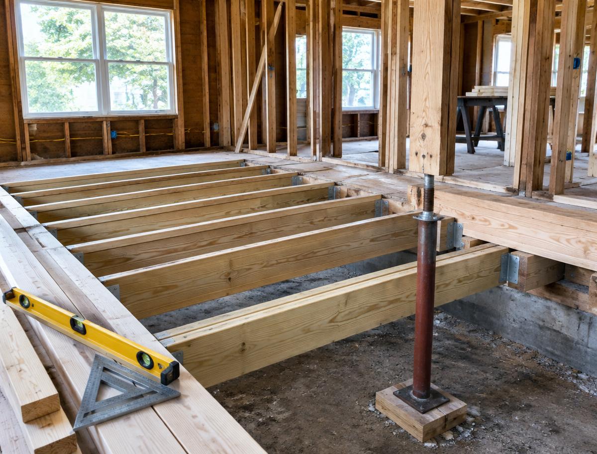 Residential framing with new floor joists and a temporary support post